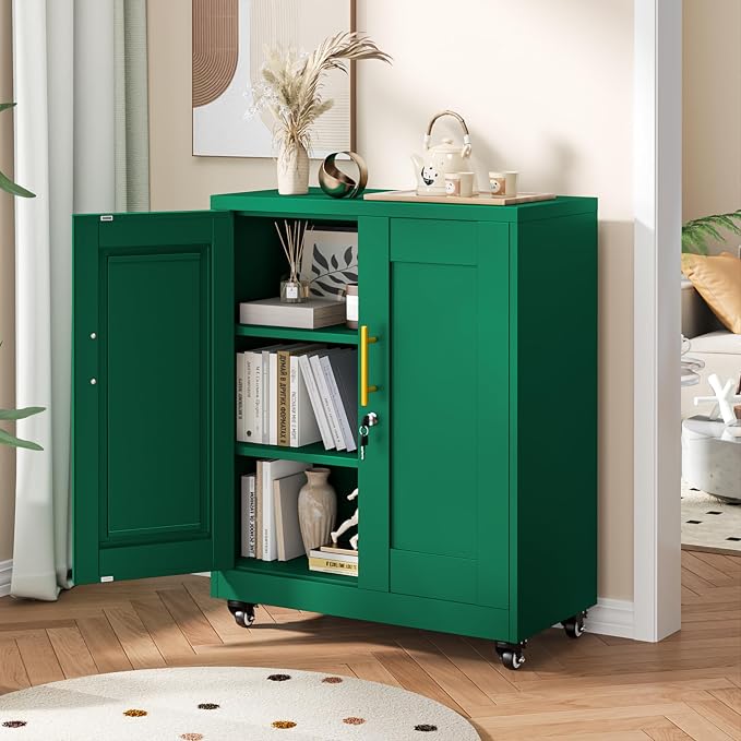 36" Metal File Garage Storage Cabinet with Lock and Wheels,Rolling Steel Locker Organizer,Office File Cabinet with 2 Doors and 2 Adjustable Shelves,Tool Cabinets for Home Office,Gym,School (Green)