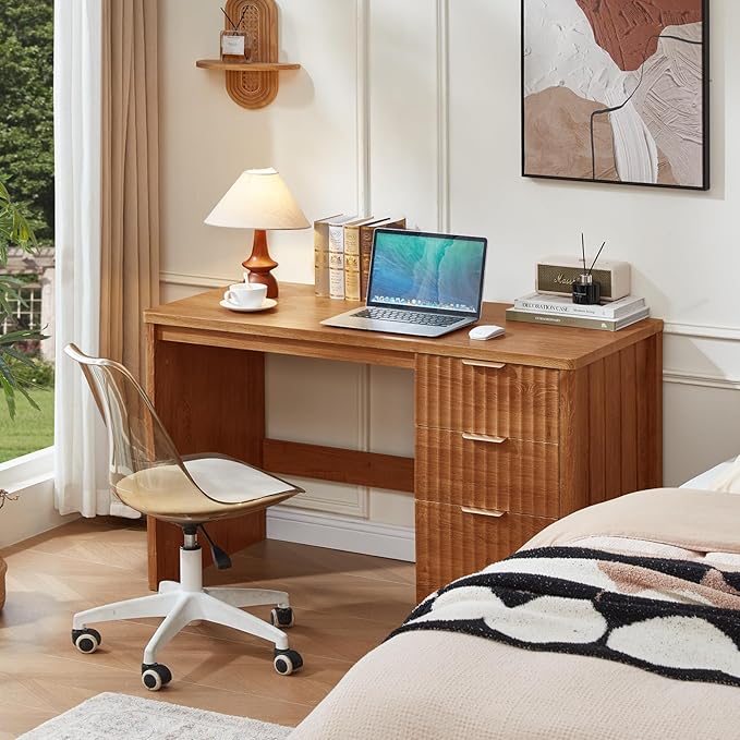 LEYAOYAO Office Desk 48" with 3 Drawers Storage File Cabinet Wood Fluted Desk for Computer Office Bedroom Home Furniture Tea Brown