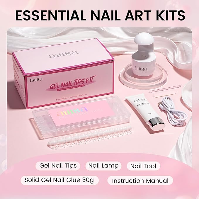 AILLSA Nail Tips and Glue Gel Kit Short Coffin Nail Tips 120pcs, Professional Glue Gel 30g for Fake Acrylic Nails, Full Cover Portable Mini U V Nail Lamp for DIY Salon Home