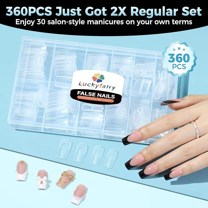 Luckyfairy Medium Square Nail Tips, 360pcs Soft Gel Pre-Shaped Acrylic Fake Nails, Half Matte Full Cover Clear Gelly Press on Flase Nail Tips for Extension Nail Manicure Home DIY 12 Sizes Gelly Tips