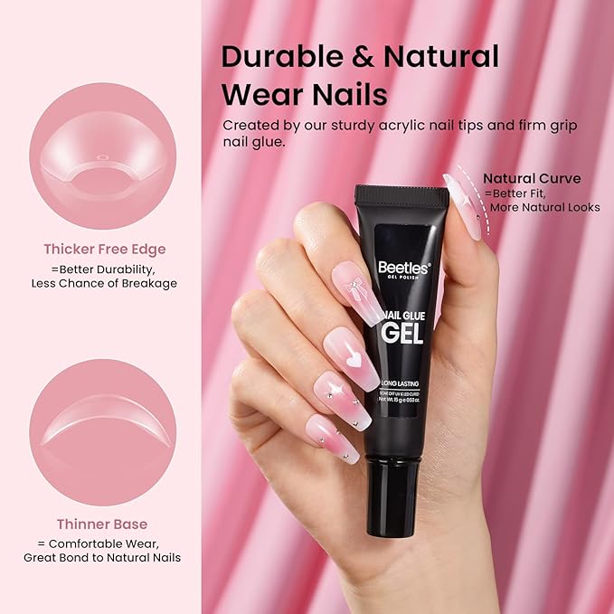 Beetles Gel Nail Kit Medium Coffin with Nail Dehydrator and Primer, 576Pcs Half Matte Etch-X Gel Tips Solid Glue Mini Lamp Acrylic False Tips Easy DIY Extension Set Gift for Women