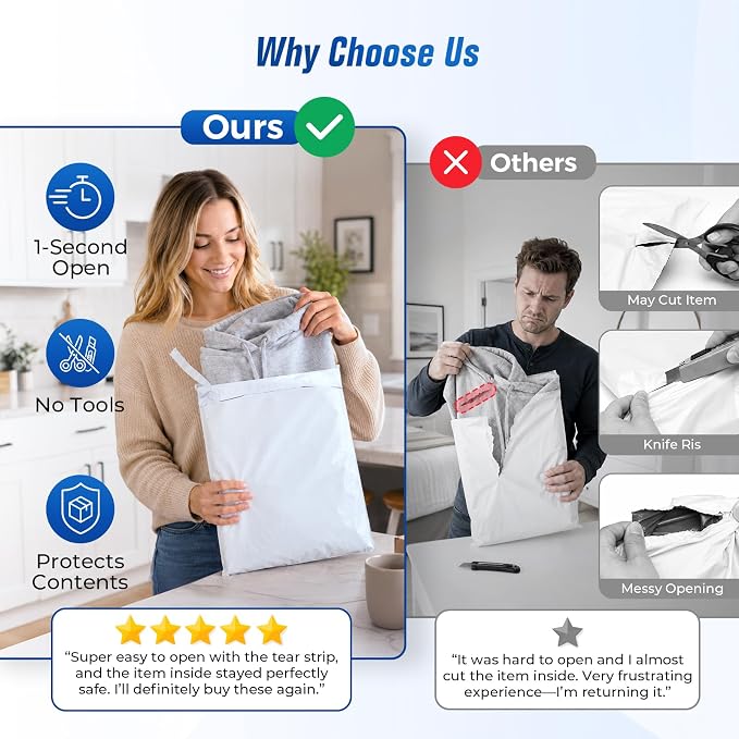 Fuxury Poly Mailers 12x15.5 300PC (Upgraded Version) Shipping Bags for Clothing with Easy-Open Tear Strip & Hangable for Easy Use, Self-Seal Shipping Envelopes Mailing Bags for Small Business in White