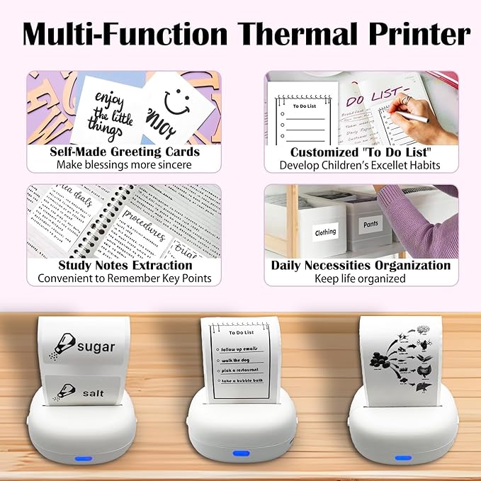Sticker Printer, Portable Thermal Sticker Maker with 6 Rolls Paper, Mini Bluetooth Label Maker Machine for Study Note, Teacher, Home, School, DIY Creations, Memo