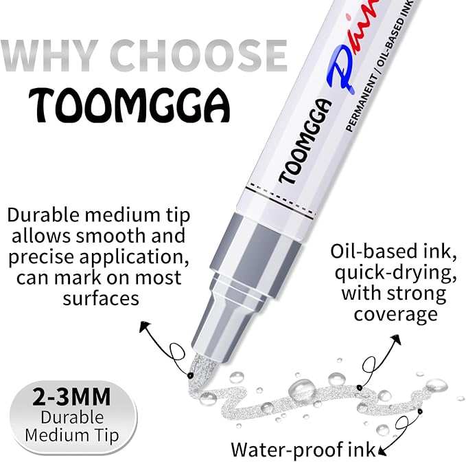TOOMGGA 2 Silver Paint Pens Permanent Paint Markers, Oil Based Medium Tip | Marking Pens, Quick Drying, Waterproof, Fade-resistant, for Rock Painting, Car Tyre, Metal, Plastic, Canvas, Mugs, Wood