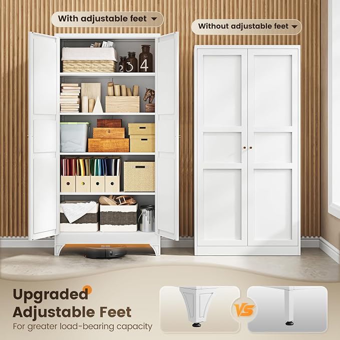 Metal Storage Cabinet with 2 Doors and 4 Adjustable Shelves - 71" White Kitchen Pantry Storage 4-Tier Tall Steel Cabinets Locker for Kitchen, Living Room, Dining Room