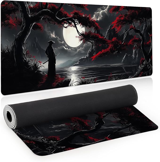 Large Gaming Mouse Pad, Japanese Samurai Desk Mat, XL Extended Big Mousepad with Non-Slip Rubber Base, Keyboard Computer Mat for Gamers, Office &Home, 31.5x11.8in, Red Maple