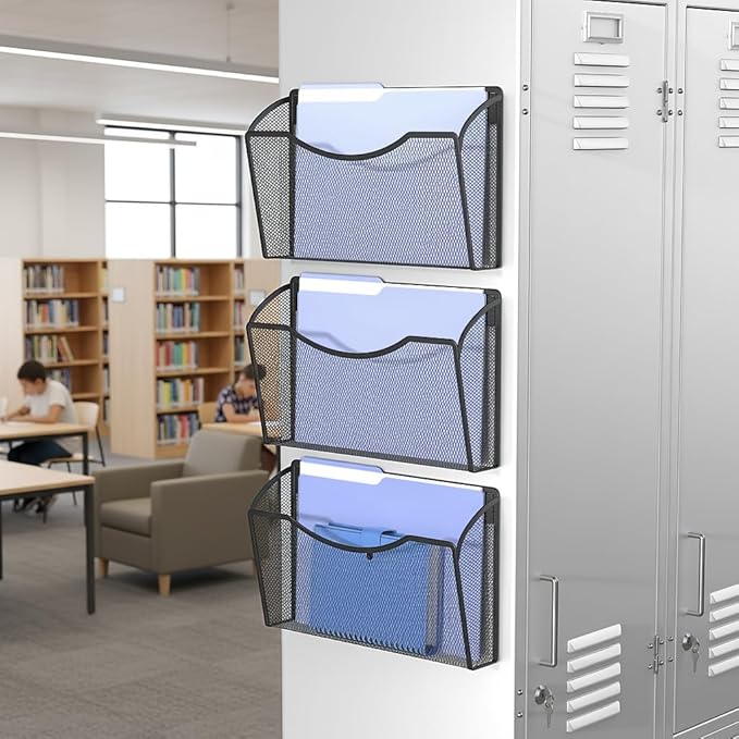 MINDEPOT Magnetic Wall File Organizer, Hanging File Holder, 2 Pack, Black | Heavy Duty Iron, Powerful Magnet, Metal Mesh Wall Mount, Single Pocket, for Office School Classroom Home, Letter A4 Size