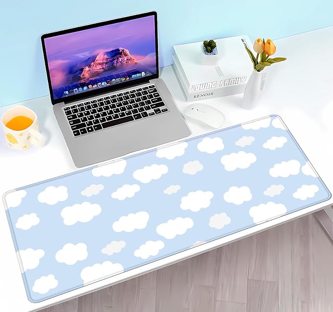 Cute Desk Pad, Blue Sky with Clouds Desk Mat, Large Mouse Pad, Protector Pad, Non-Slip Rubber Base with Stitched Edges Deskmat Writing Mat for Computer Laptop Office,31.5 X 11.8 in