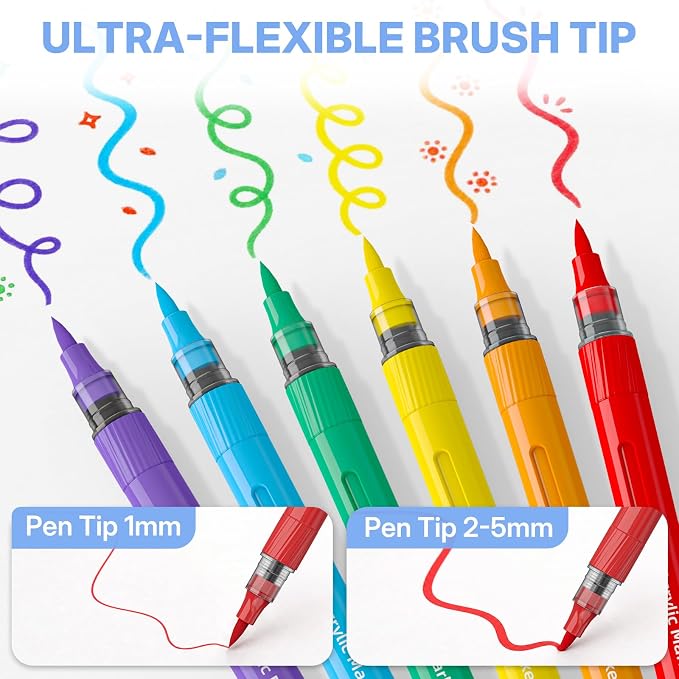 WUO 60 Colors Acrylic Paint Markers Brush Tip with Automatic Ink Control | Water-based, no-bleed, waterproof acrylic paint pens for rock, wood, canvas, glass, ceramic, fabric and DIY crafts