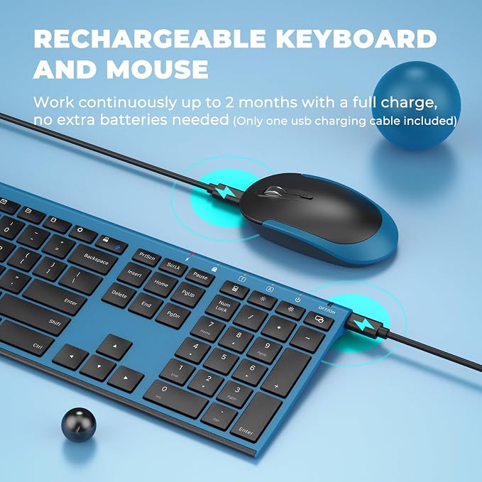 Vssoplor Wireless Keyboard and Mouse, Rechargeable Ultra Slim, Black Blue | Quiet Full-Size Keyboard and Mouse Combo Set, for Laptop, PC, Notebook, Desktop, 2.4GHz Stable Connection, Ideal for Office