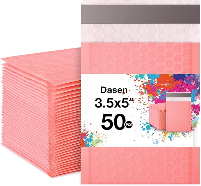 Dasen Bubble Mailers 3.5x5 Inch 50 Pcs,Small Self-Sealing Mail Shipping Bags,Pink Padded Envelopes #0000