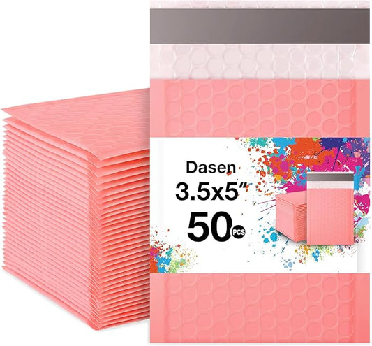 Dasen Bubble Mailers 3.5x5 Inch 50 Pcs,Small Self-Sealing Mail Shipping Bags,Pink Padded Envelopes #0000
