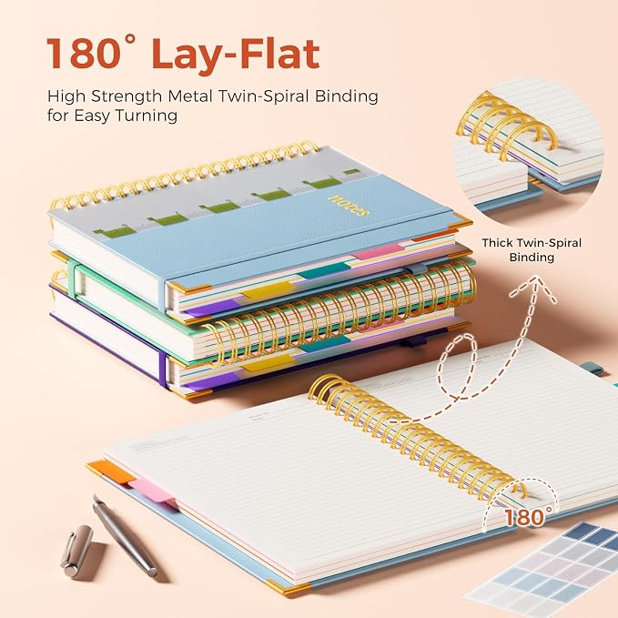 XYark A4 Hardcover Spiral Notebook, 8.5"x11" College Ruled Notebooks with Removable Divider Tab & Ruler, 5 Subject Notebook 300 Pages, Large Lined Journal for Women Men School Work Office, Light Blue