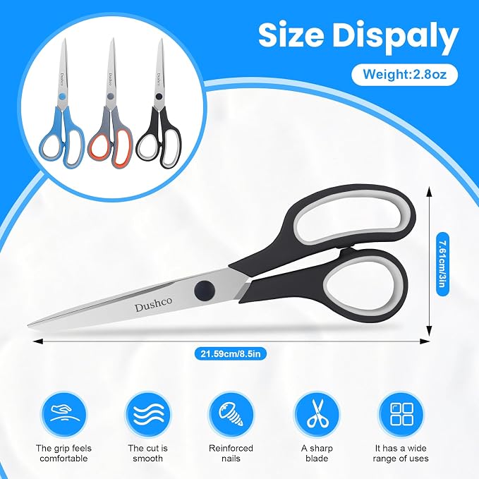8.5’’ Multipurpose Scissors Bulk Set of 3 Pack for Office School Supplies | Heavy Duty, Upgraded 2.5MM Thickness, Sharp Shear for Home Sewing Fabric Craft Supplies, Soft Comfort-Grip Right/Left Hand