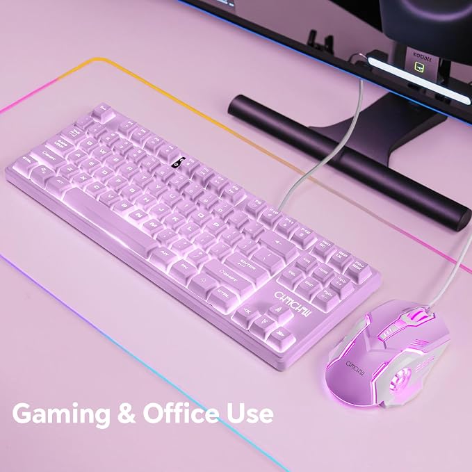 CHONCHOW LED Keyboard and Mouse Combo,Wired 87 Key | Mechanical Feel Anti-ghosting Backlight Keyboard with Multimedia Keys for Windows, Mac Desktop/Laptop/PC (Purple)