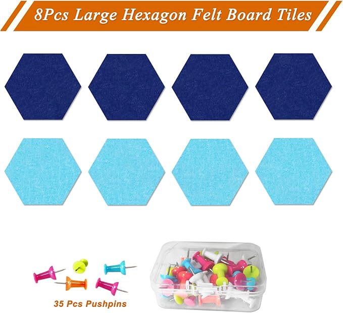 Large Hexagon Felt Cork Board Tiles, Self Adhesive DIY Felt Bulletin Board Pin Board with 35 Pushpins for Office School Home Wall Decor(Dark Blue+Sky Blue)
