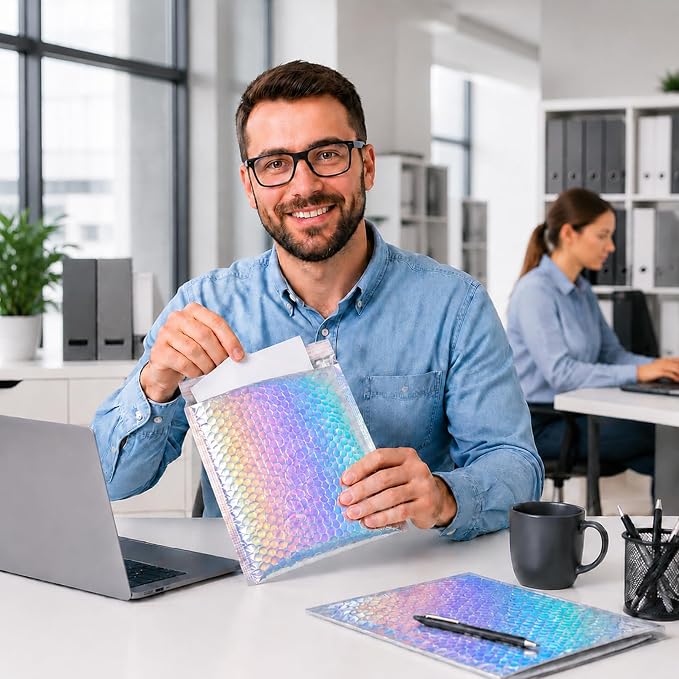 50Pack Bubble Mailers, Holographic Bubble Padded Envelopes, 3 Sizes | Self Seal Waterproof Shipping Bags Bubble Mailers, Metallic Poly Mailers for Small Business Mailing Packing Jewelry Makeup