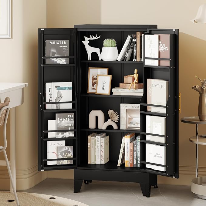 Black Kitchen Pantry Storage Cabinet, 48" Metal Storage Cabinet | Steel Storage with Doors and 3 Adjustable Shelves, Metal Freestanding Buffet Cupboards Sideboard, for Office, Home, School