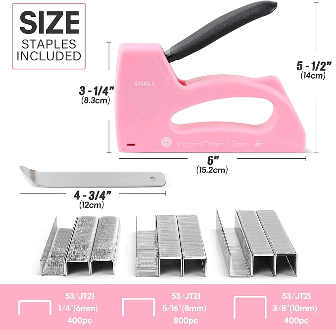 SHALL Light Duty Staple Gun for Wood - Pink Upholstery Staple Gun with 1600pcs JT21 Staples 1/4, 5/16, 3/8 inch and Staple Remover - Women Staple Gun for Crafts, Fabric Stapler Gun for DIY, Decoration
