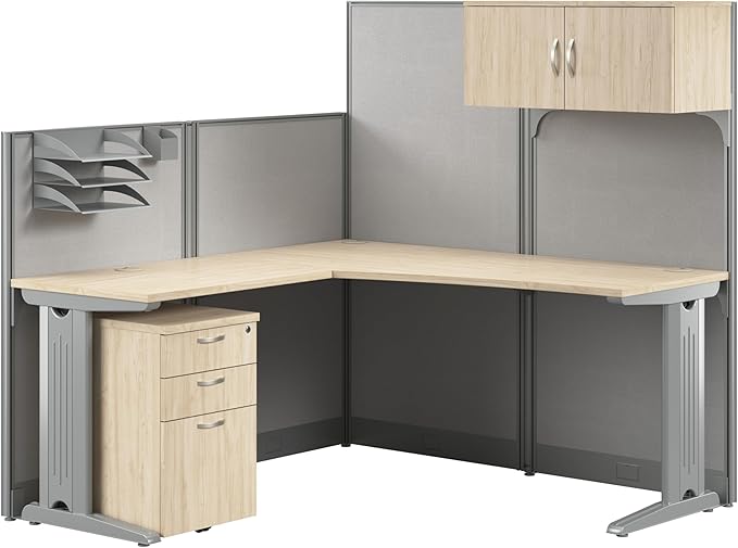Bush Business Furniture 65-inch L Shaped Cubicle Desk with Storage, Drawers, and Organizers, Single Workstation, Office in an Hour Collection, Natural Elm