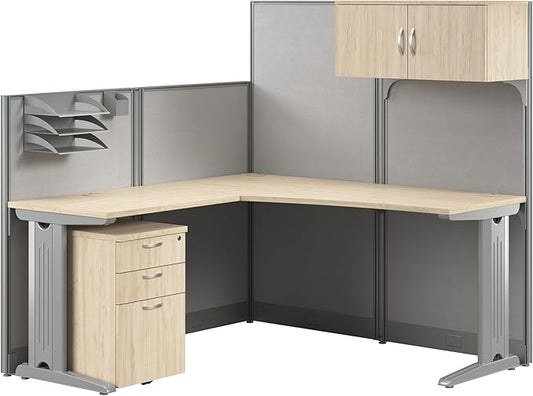 Bush Business Furniture 65-inch L Shaped Cubicle Desk with Storage, Drawers, and Organizers, Single Workstation, Office in an Hour Collection, Natural Elm