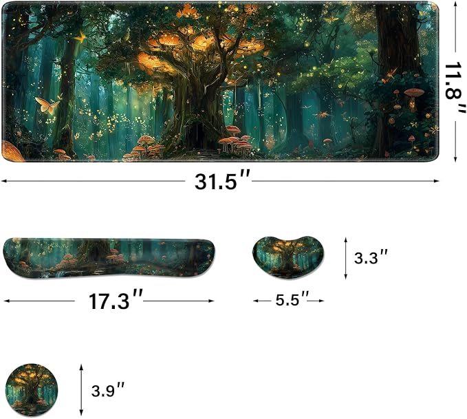 Desk Pad and Keyboard Wrist Rest, Large Mouse Pad + Keyboard Pad+Mouse Wrist Support, Non-Slip Desk Mat Protector for Office, Home 31.5×11.8 Inches Green Forest