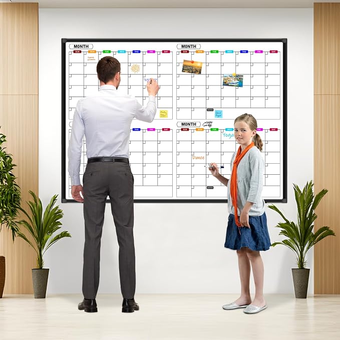 Calendar Whiteboard for Wall 48" x 36", 4 Month Dry Erase Calendar | Magnetic Dry Erase Calendar for Wall, Black Aluminum Frame, Dry Erase Board for Home School and Office Organization