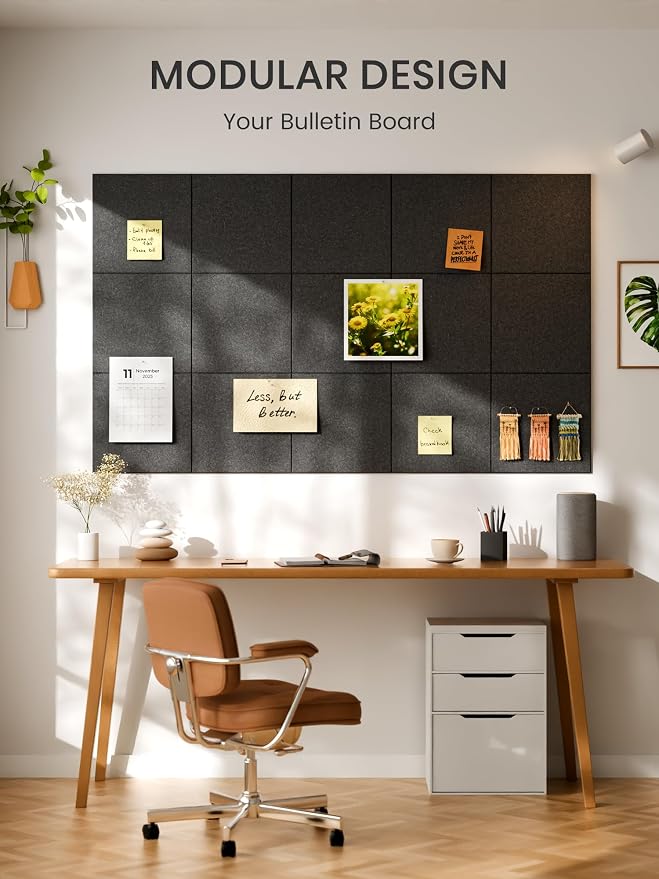 Bumusty 36" x 24" Large Cork Board Alternative, Charcoal Gray | 6-Pack Felt Bulletin Board Tiles, 60 Adhesive Tabs, 30 Pushpins, Home, Office, Classroom, Vision Board
