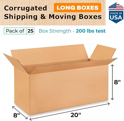 Long Shipping & Moving Boxes 20"L x 8"W x 8"H (25-Pack) - Extra Strength 200 lb vs Regular - Corrugated Cardboard Boxes for USPS/UPS/FEDEX - Box for Shipping - Packaging Box by IDL Packaging | Extra Strength 200 lb vs Regular - Corrugated Cardboard Box...
