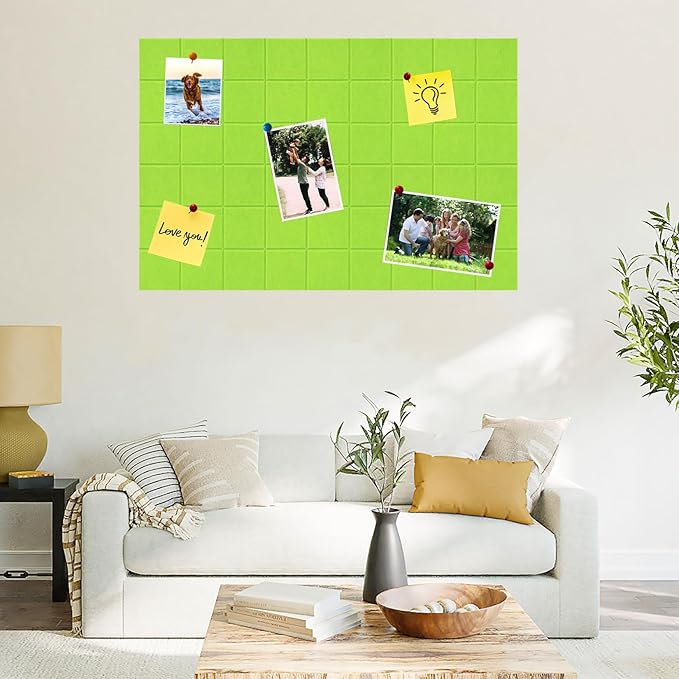 Large Square Felt Cork Board Tiles, Self Adhesive DIY Felt Bulletin Board with 35 Pushpins for Office School Home Wall Decor Stickers Memos (Bright Green)