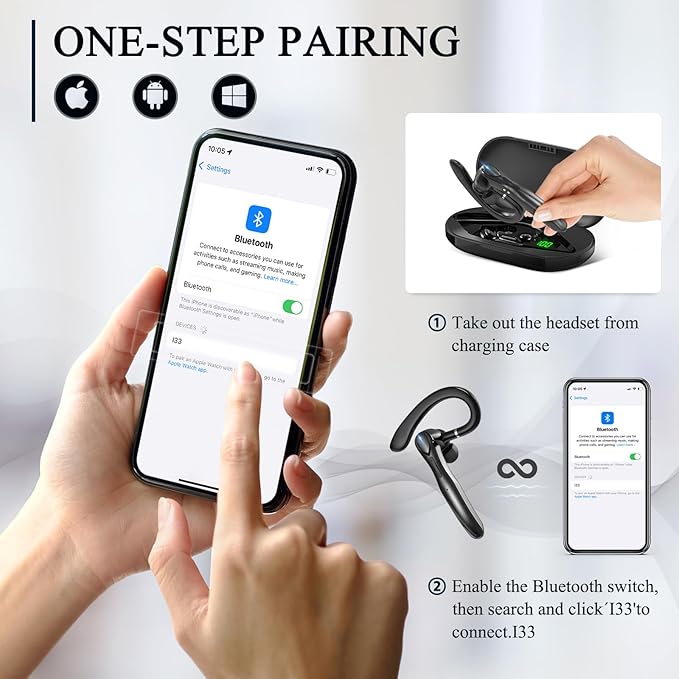 Bluetooth Headset, Wireless Bluetooth Earpiece with 400mAh Charging Case 50 Hours Talking Time Built-in Microphone for iOS Android Cell Phone, V5.3 Hand-Free Headphones for Trucker, Office