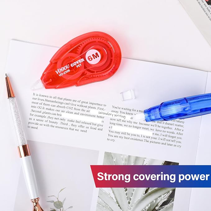 Vobou White Correction Tape, Easy To Use Applicator for Instant Corrections Wrong Writing At Any Time, For school, Office (Red and Blue, 12pack, 6M/256" x 0.2")