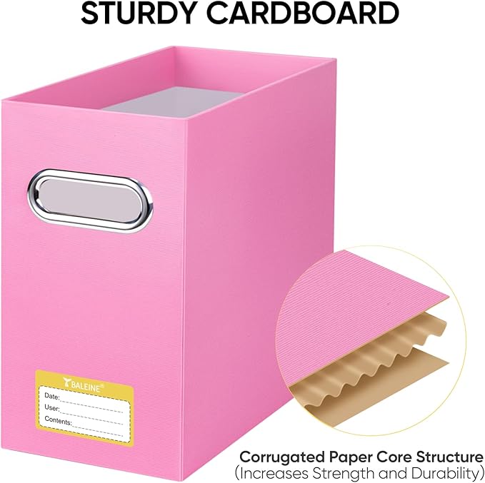 BALEINE File Organizer Box, Cardboard File Folder Organizer with Handle for Letter Size, Portable Collapsible Hanging Filing Box for Home Office Document Storage (2 Pack, Pink)