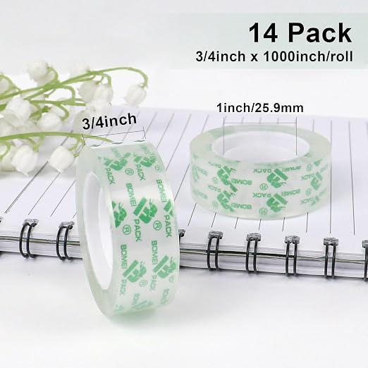 BOMEI PACK 14Rolls Crystal Clear Tape, Transparent Tape Refills for Dispenser, Crafters Tape for Gift Wrapping, Home, School Office Supplies, 3/4Inch x 1000 inch