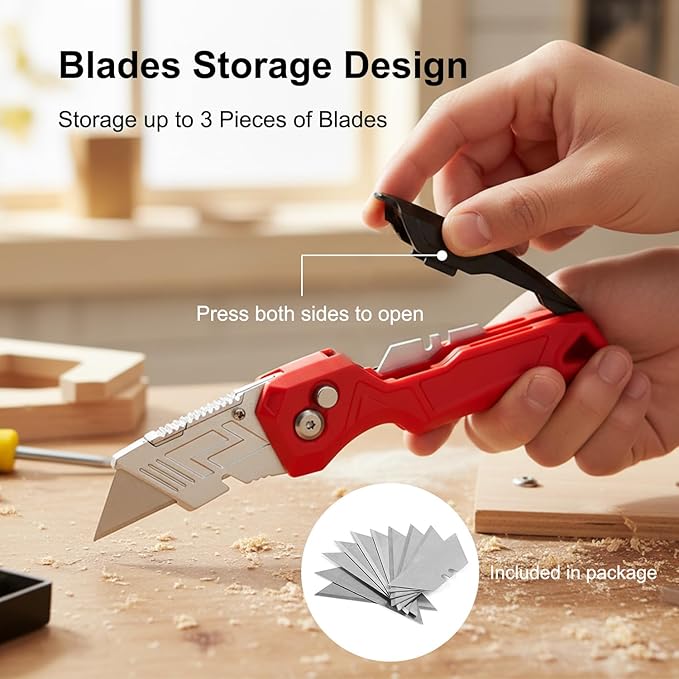 Box Cutter with Blade Storage Design, Heavy Duty Folding Utility Knife with 10 Extra Blades for Cardboard, Carton, Carpet Cutting, Anti-slip Handle, Quick Replace Blade