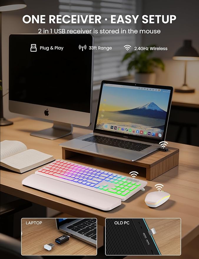 Wireless Keyboard and Mouse Combo, RGB Backlit, Rechargeable & Light Up Letters, Full-Size, Soft Typing, Sleep Mode, 2.4GHz Quiet Keyboard Set for Mac, Windows, Laptop, PC, Trueque KM42Pro | Light Up Letters, Full-Size, Soft Typing, Sleep Mode, 2.4GHz ...
