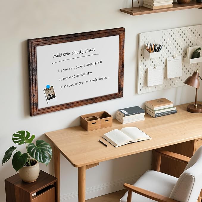 White Board for Wall, 24'' x 18'' Magnetic Dry Erase Board, Brown | Wooden Frame, Decorative Whiteboard, Wall Mounted, for Home, Office, Kitchen, Dorm, 4 Markers, 6 Magnets, A Eraser