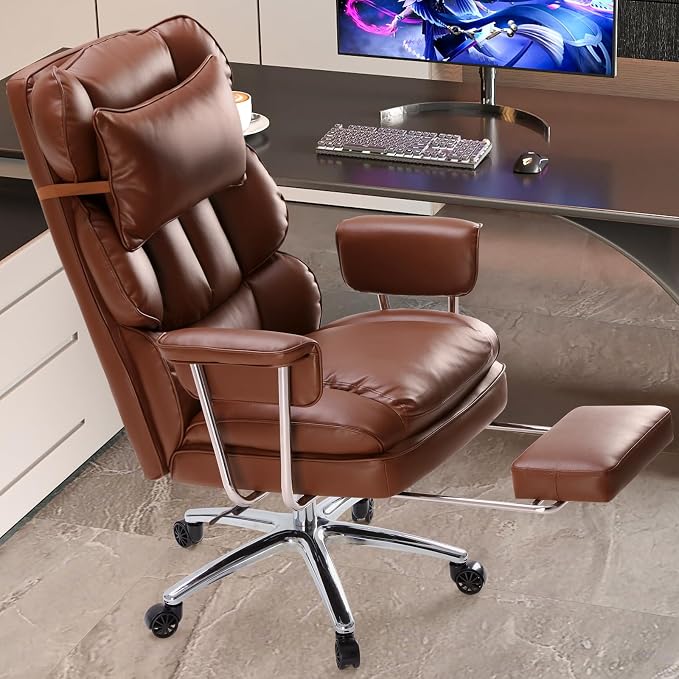 Sweetcrispy Executive Home Office Chair, Ergonomic Desk Chair | Big Tall High Back, Lumbar Support, Reclining Height Adjustable, PU Leather, Computer Gaming, Footrest Swivel Wheels, Brown