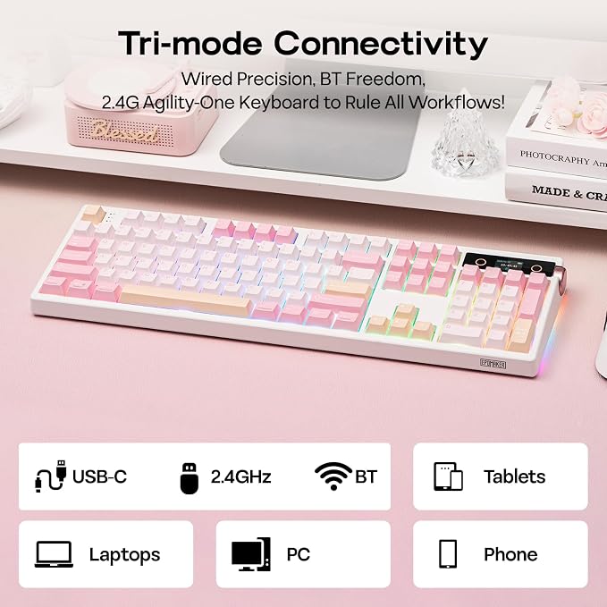 EPOMAKER TH108 PRO Full Size Mechanical Keyboard with Screen & Knob | Wireless Gaming Keyboard with 10000mAh, Creamy Gasket, Hot Swap, Custom Driver, RGB Backlight, NKRO (Pink, Sea Salt Silent)