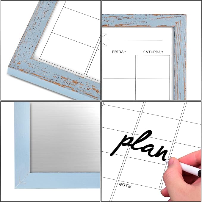 Dry Erase Monthly Calendar Whiteboard,10.6"x 14.6" Small Magnetic White Board for Wall, Hanging Board for Office/School/Home, Solid Pine Wood Frame (Blue)