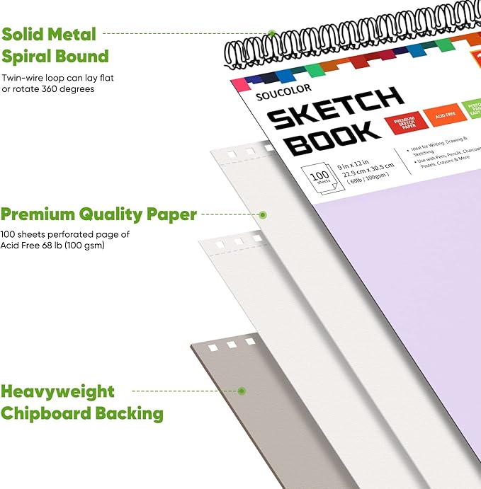 Soucolor 9" x 12" Sketch Book, Gifts for Women Morther, Birthday Gifts for Women, Thank You Gifts, Stocking Stuffers, 2 Packs 100-Sheets Each (68lb/100gsm) Drawing Pad