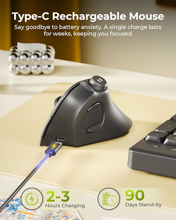 seenda Ergonomic Mouse Wireless, MOU-302 Bluetooth Vertical Mouse Rechargeable, Optical Mice with 1000/1600/2400 DPI, Volume Knob, 3 Multi-Device Connectivity for Computer/PC/Laptop/Mac, Black