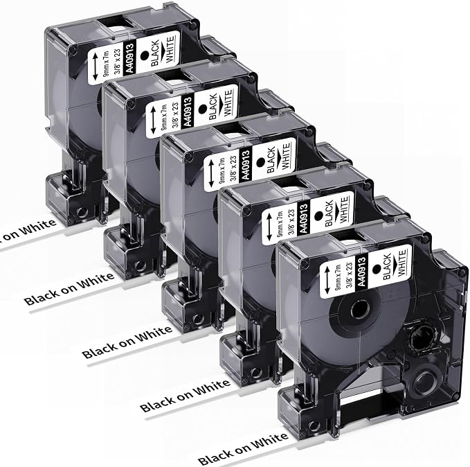 5X Replace for DYMO Label Maker Refills 3/8 in x 23 Ft (9mm) Black on White | 41913 (40913) S0720680 Compatible with DYMO D1 Label Tape Cartridges 3/8 Inch for LabelManager160/280/210D/360D/420P/COLORPOP