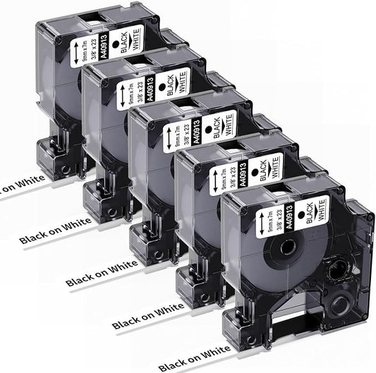 5X Replace for DYMO Label Maker Refills 3/8 in x 23 Ft (9mm) Black on White | 41913 (40913) S0720680 Compatible with DYMO D1 Label Tape Cartridges 3/8 Inch for LabelManager160/280/210D/360D/420P/COLORPOP
