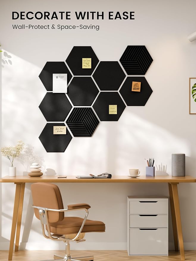 Fluxynara 10-Pack Hexagon Cork Board Alternative, Black | Felt Bulletin Board with 50 Adhesive Tabs, Ideal for Vision Boards and Wall Decor in Homes, Offices, Classrooms, and Dorms