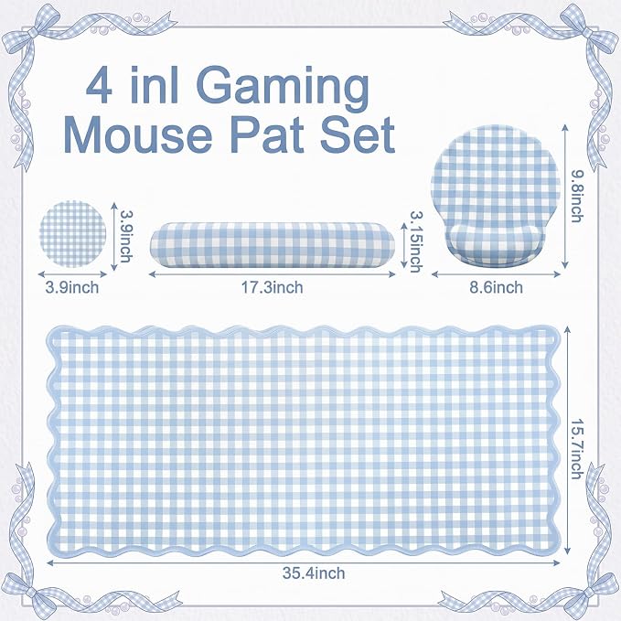 Blue Gingham Desk Mat Set with Wrist Rest, Ergonomic Design, Scalloped Edge Keyboard Mouse Pad Set Large 35.4x15.7 Inch, Memory Foam Wrist Support, Non-Slip Desk Pad Home Office Decor