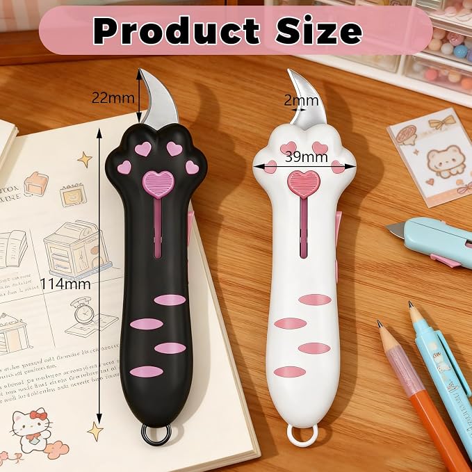2 PCS Cat Paw Retractable Box Cutter — Cute Kawaii Utility Knife | Portable Cat Claw Knife with Handle,Multifunctional Mini Utility Knife for Boxes Envelopes,Packages,Lock+One-Click Retract