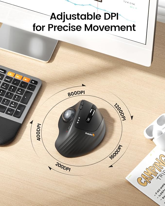 ProtoArc EM01 NL Wireless Trackball Mouse, Rechargeable Thumb Control, Gray | 0/20° Adjustable Angle to Reduce Fatigue, Triple-Device Bluetooth & 2.4G USB-A for Office Use, Silent Click, Easy to Clean