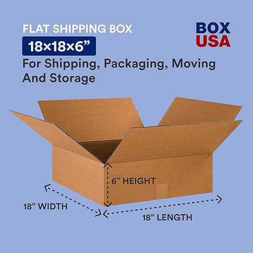 BOX USA 18 x 18 x 6 Corrugated Cardboard Boxes, Flat 18"L x 18"W x 6"H, Pack of 20 | Shipping, Packaging, Moving, Storage Box for Home or Business, Strong Wholesale Bulk Boxes