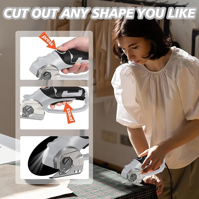 Cordless Electric Scissors, 4V Rechargeable Box Cutter & Cardboard Cutter with LED Light, Safety Lock - Rotary Cutter for Fabric, Leather, Carpet, Plastic, Crafting, Sewing with Storage Box (Grey)